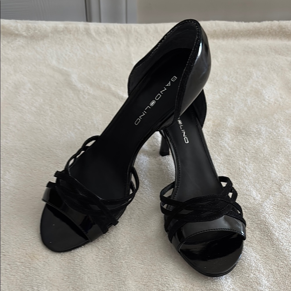 Bandolino Black Heels with Braided Straps-Black Patent.
